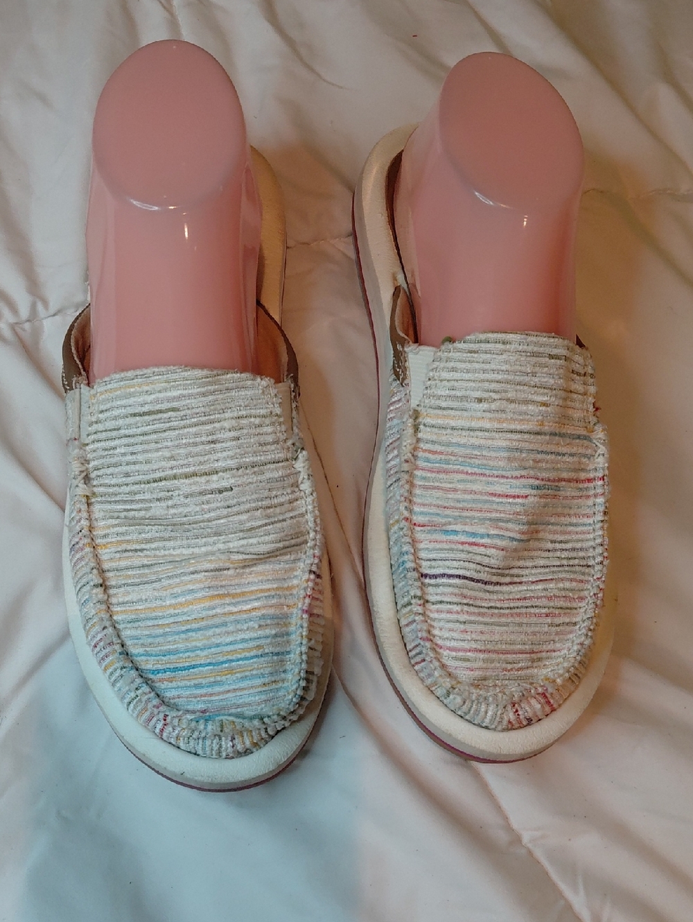 Sanuk Striped Canvas Slip-On Mules in White with Multicolor Accents
